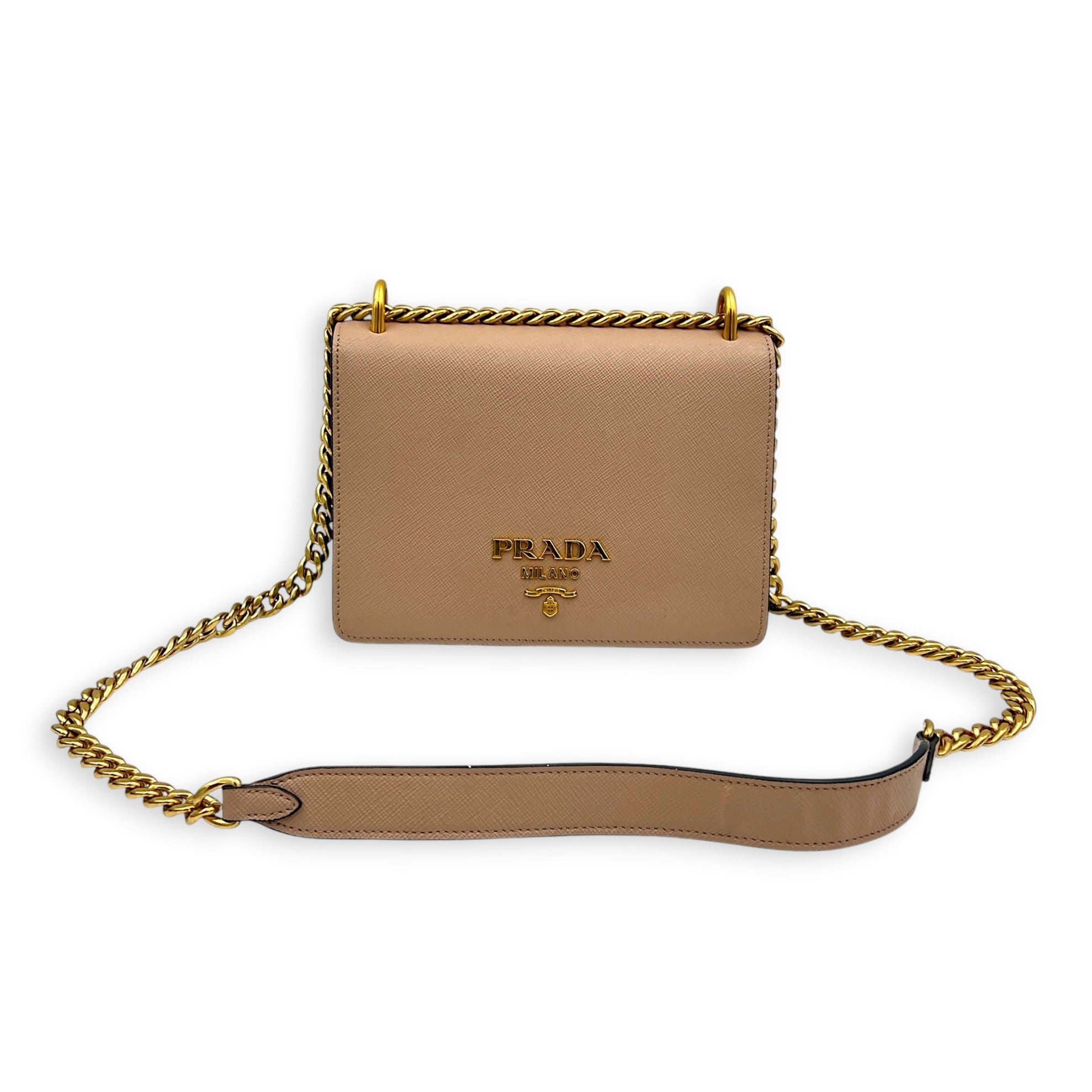 Saffiano Chain Bicolor Shoulder Bag in Saffiano Leather, Gold hardware