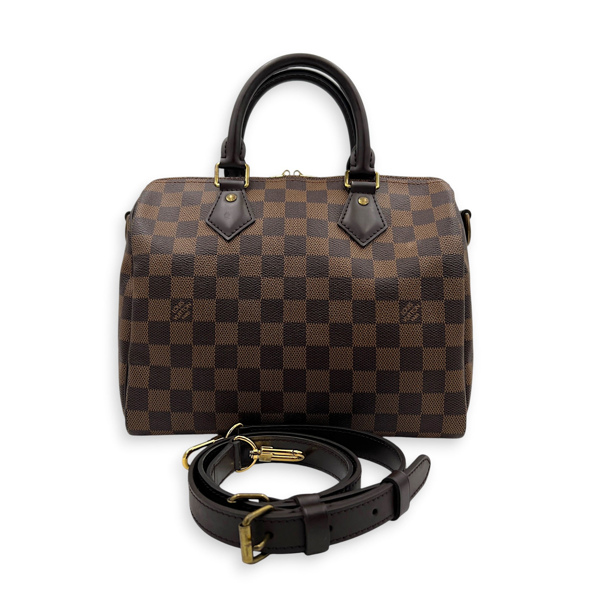 Speedy Bandouliere Top Handle Bag 25 Damier Ebene in Coated Canvas, Gold hardware