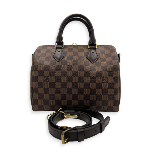 Speedy Bandouliere Top Handle Bag 25 Damier Ebene in Coated Canvas, Gold hardware