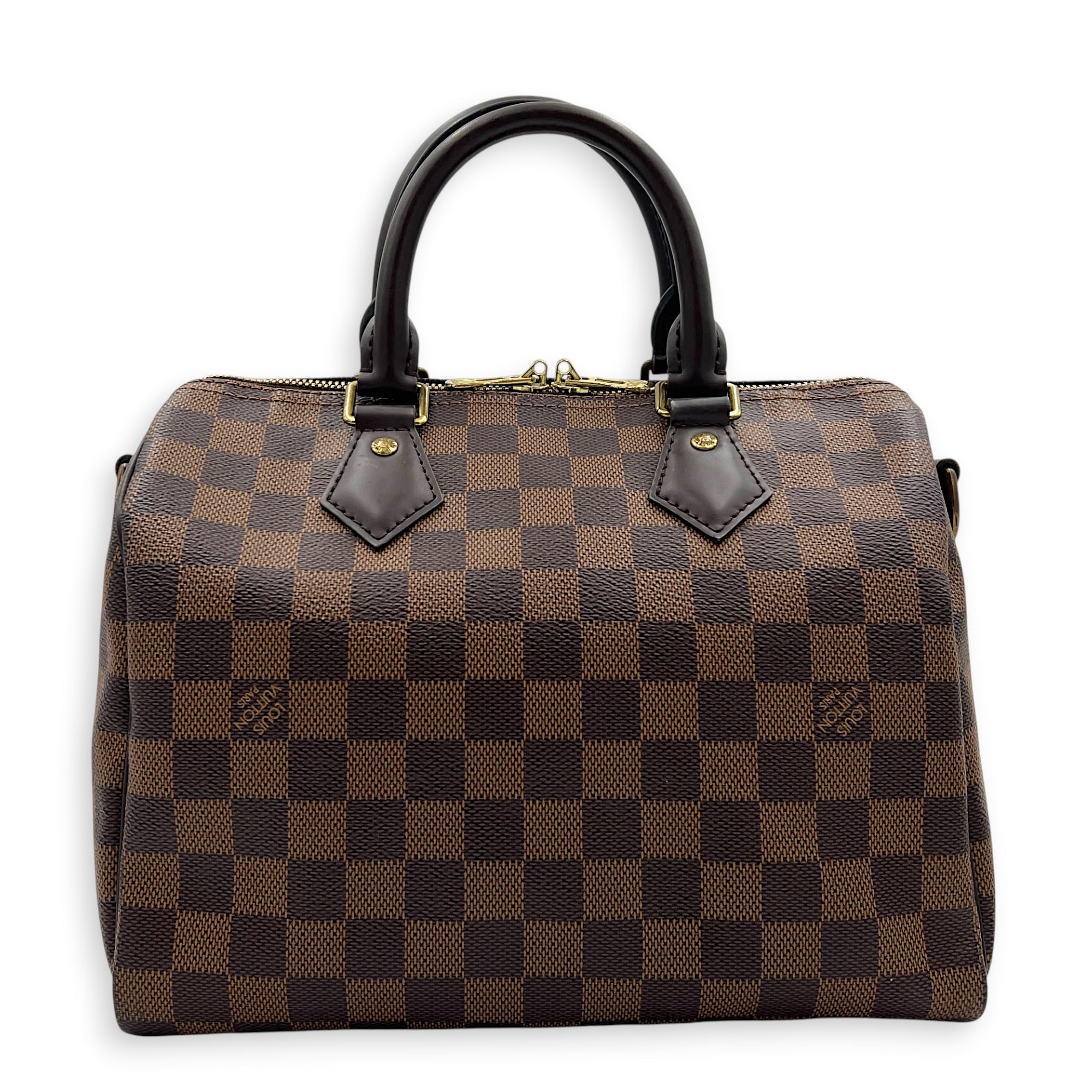 Speedy Bandouliere Top Handle Bag 25 Damier Ebene in Coated Canvas, Gold hardware