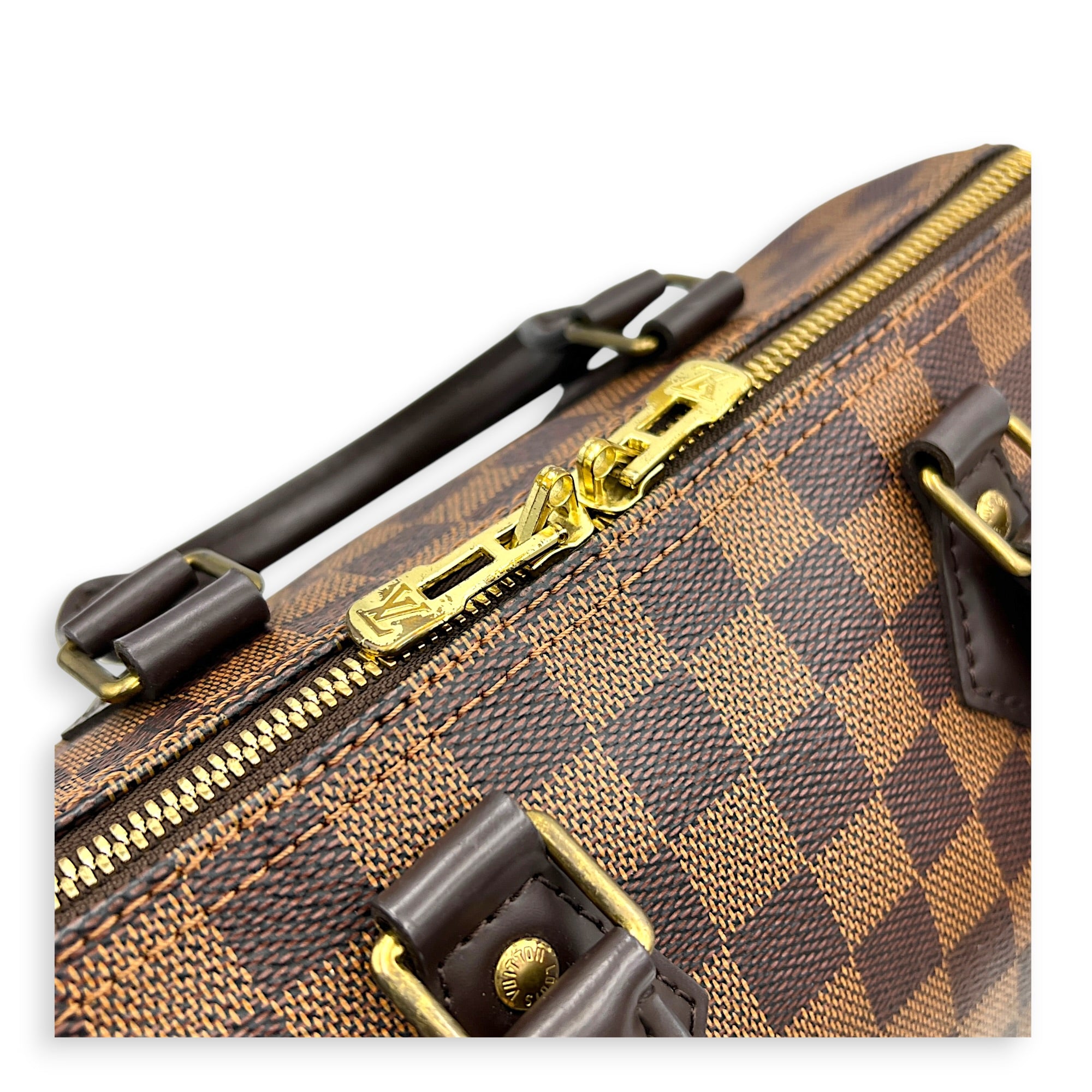 Speedy Bandouliere Top Handle Bag 25 Damier Ebene in Coated Canvas, Gold hardware