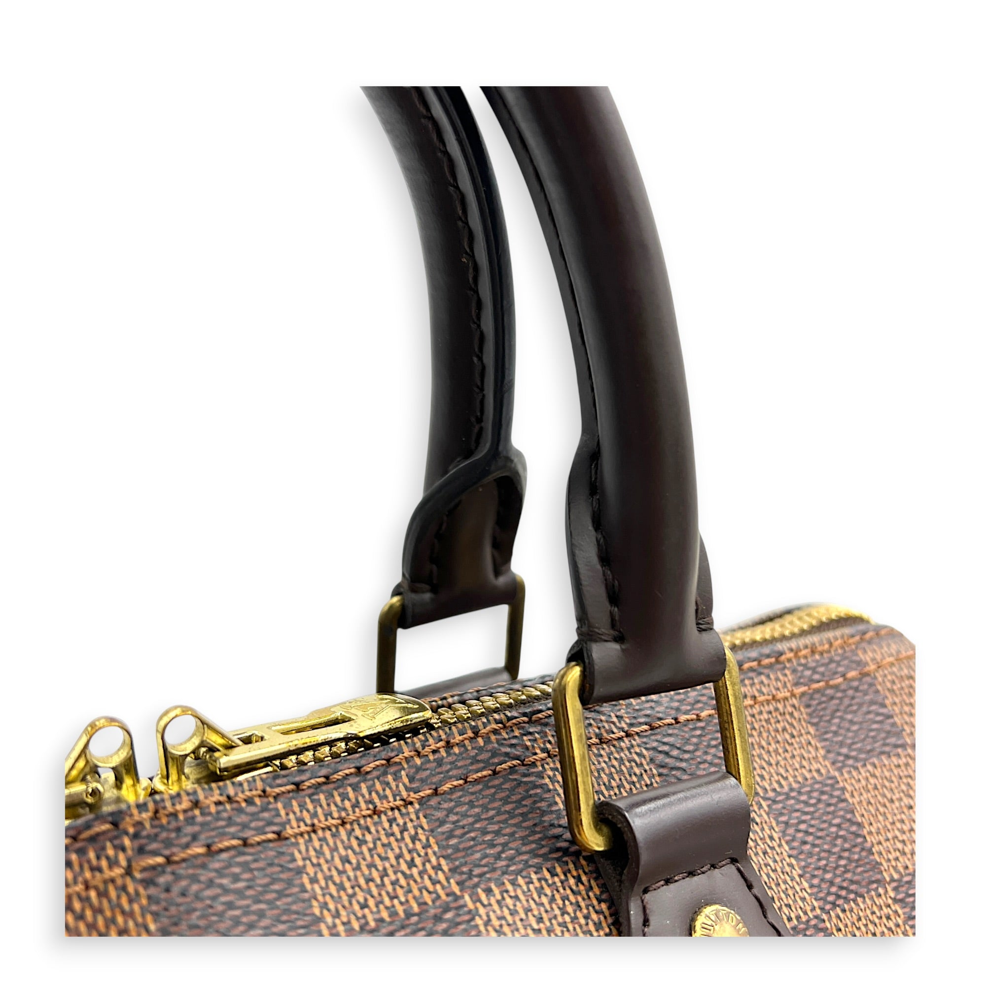 Speedy Bandouliere Top Handle Bag 25 Damier Ebene in Coated Canvas, Gold hardware