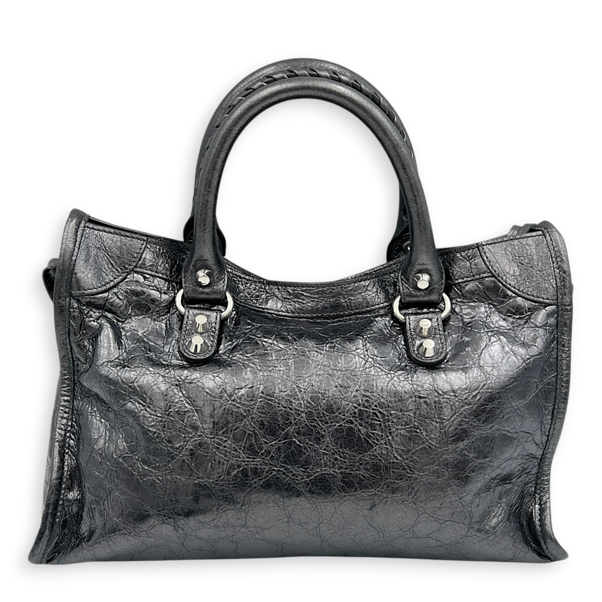 City Small Grey Top Handle Bag in Distressed Leather, Silver hardware