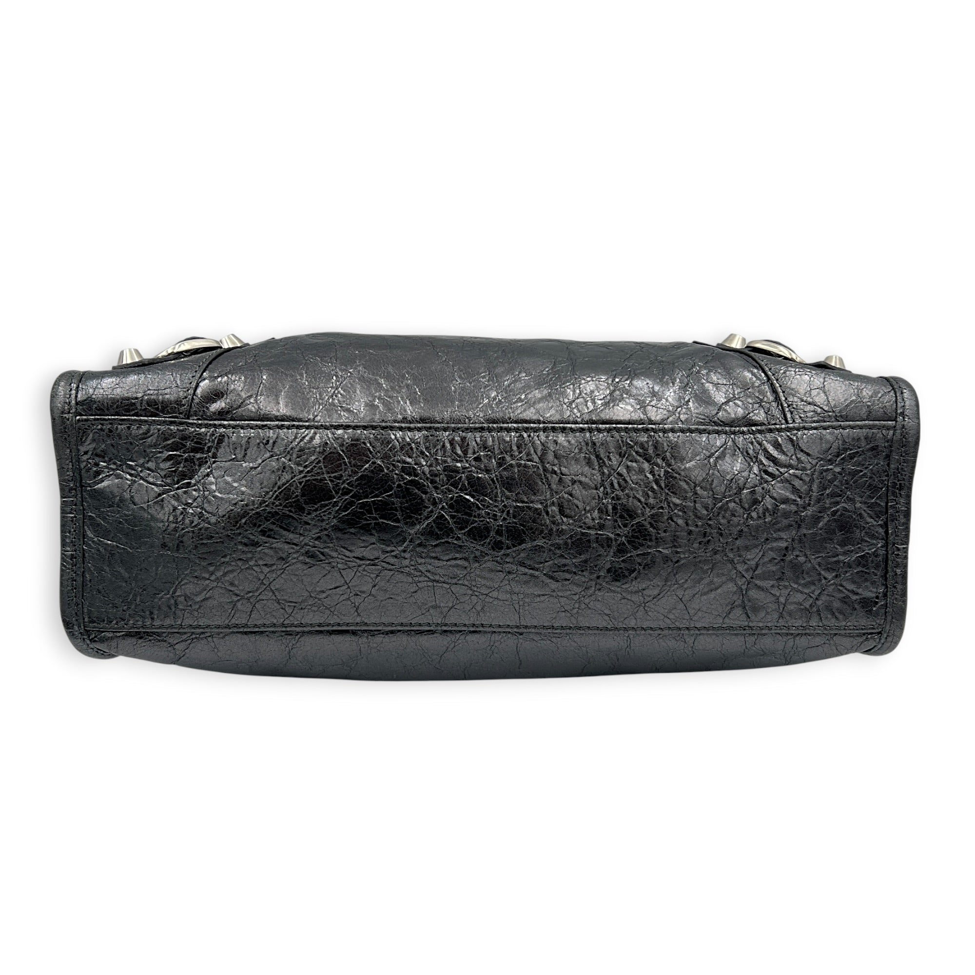 City Small Grey Top Handle Bag in Distressed Leather, Silver hardware