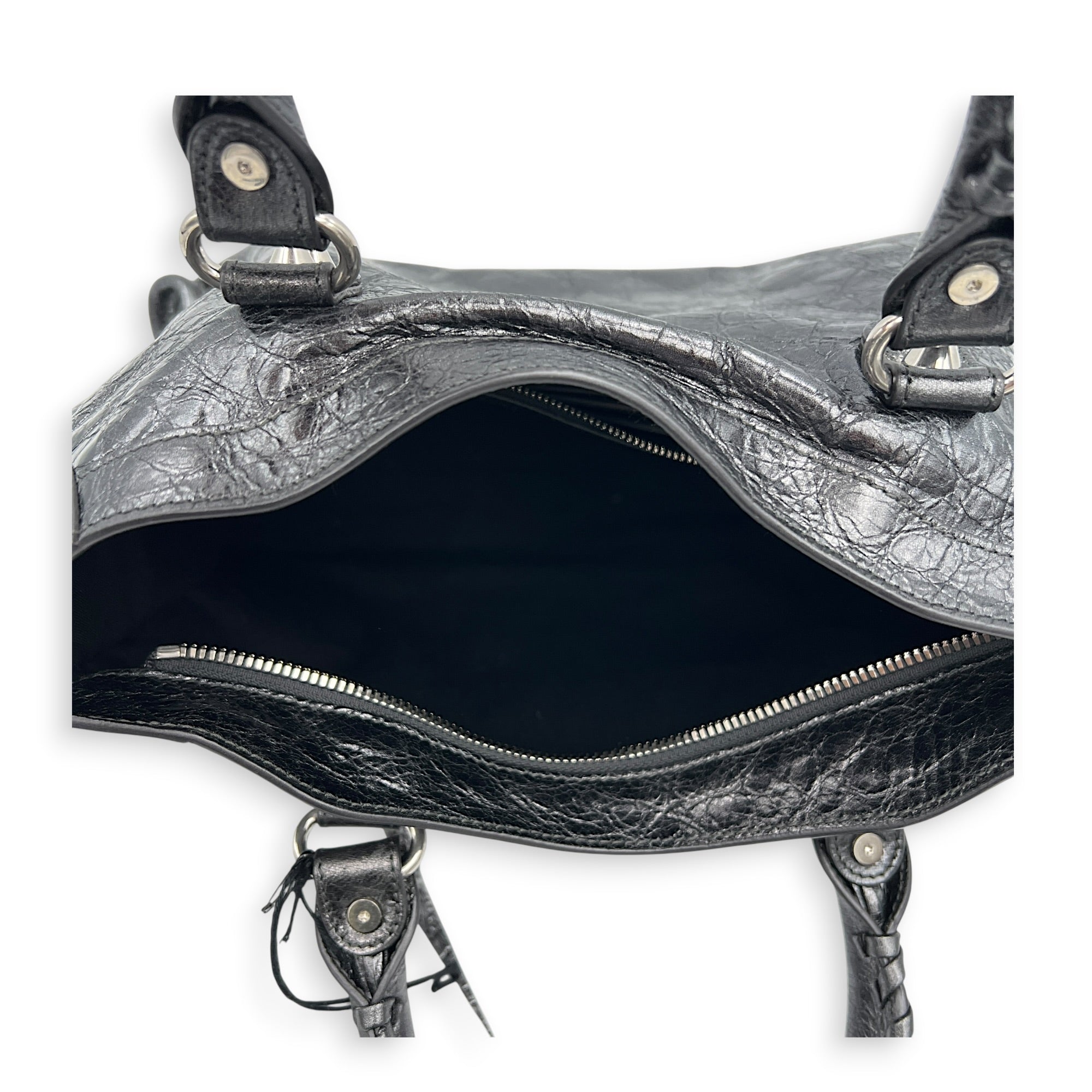 City Small Grey Top Handle Bag in Distressed Leather, Silver hardware