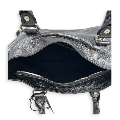 City Small Grey Top Handle Bag in Distressed Leather, Silver hardware