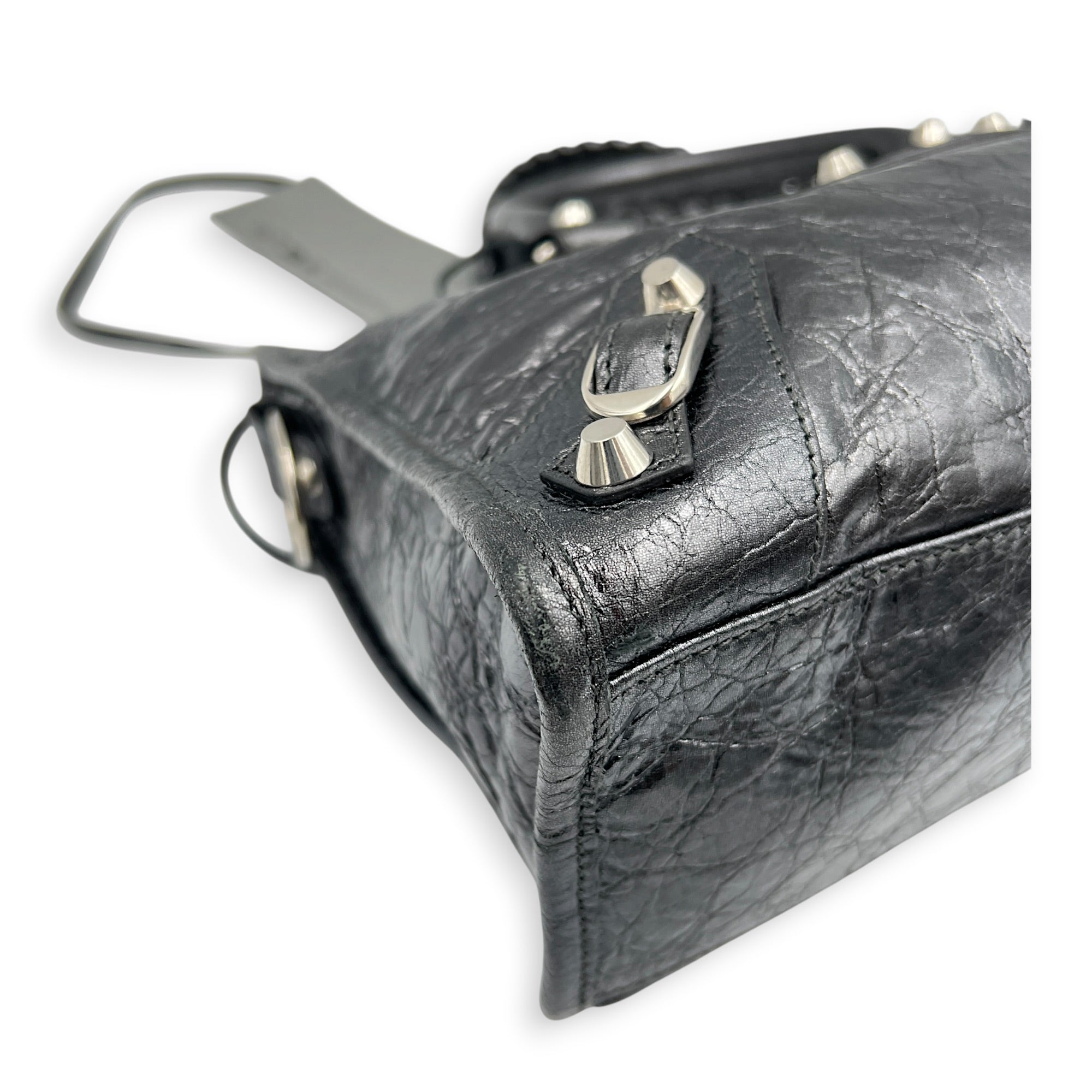 City Small Grey Top Handle Bag in Distressed Leather, Silver hardware
