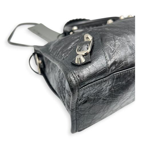 City Small Grey Top Handle Bag in Distressed Leather, Silver hardware