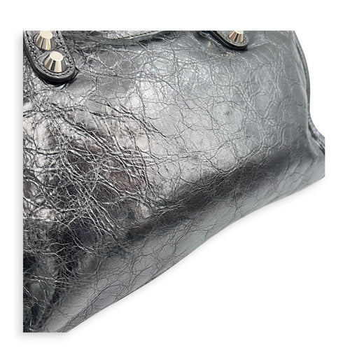 City Small Grey Top Handle Bag in Distressed Leather, Silver hardware