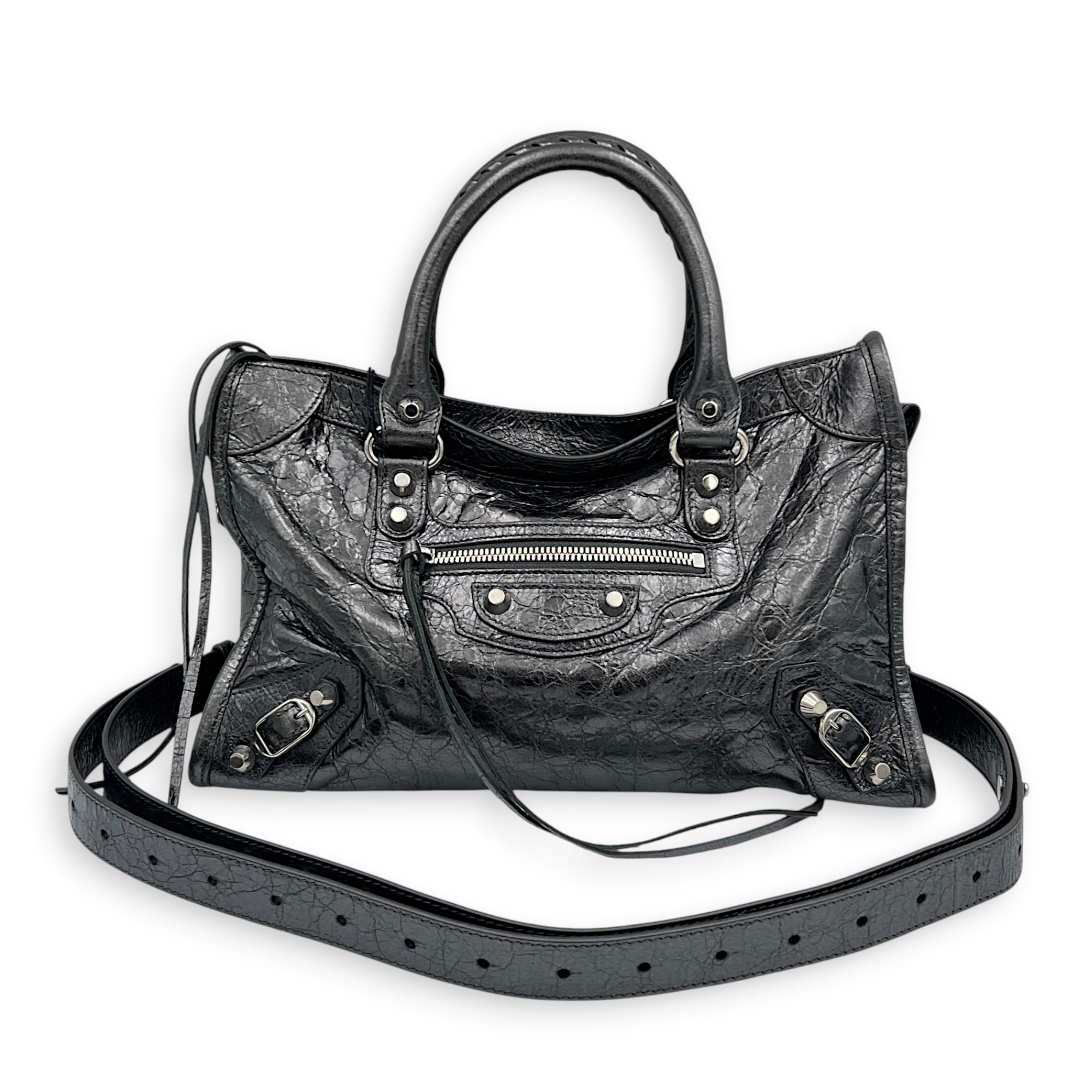 City Small Grey Top Handle Bag in Distressed Leather, Silver hardware