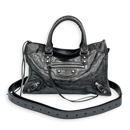 City Small Grey Top Handle Bag in Distressed Leather, Silver hardware