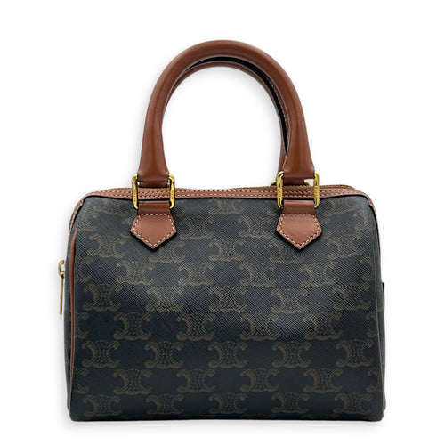Boston Top Handle Bag Mini Dark Brown / Tan in Coated Canvas, Gold hardware