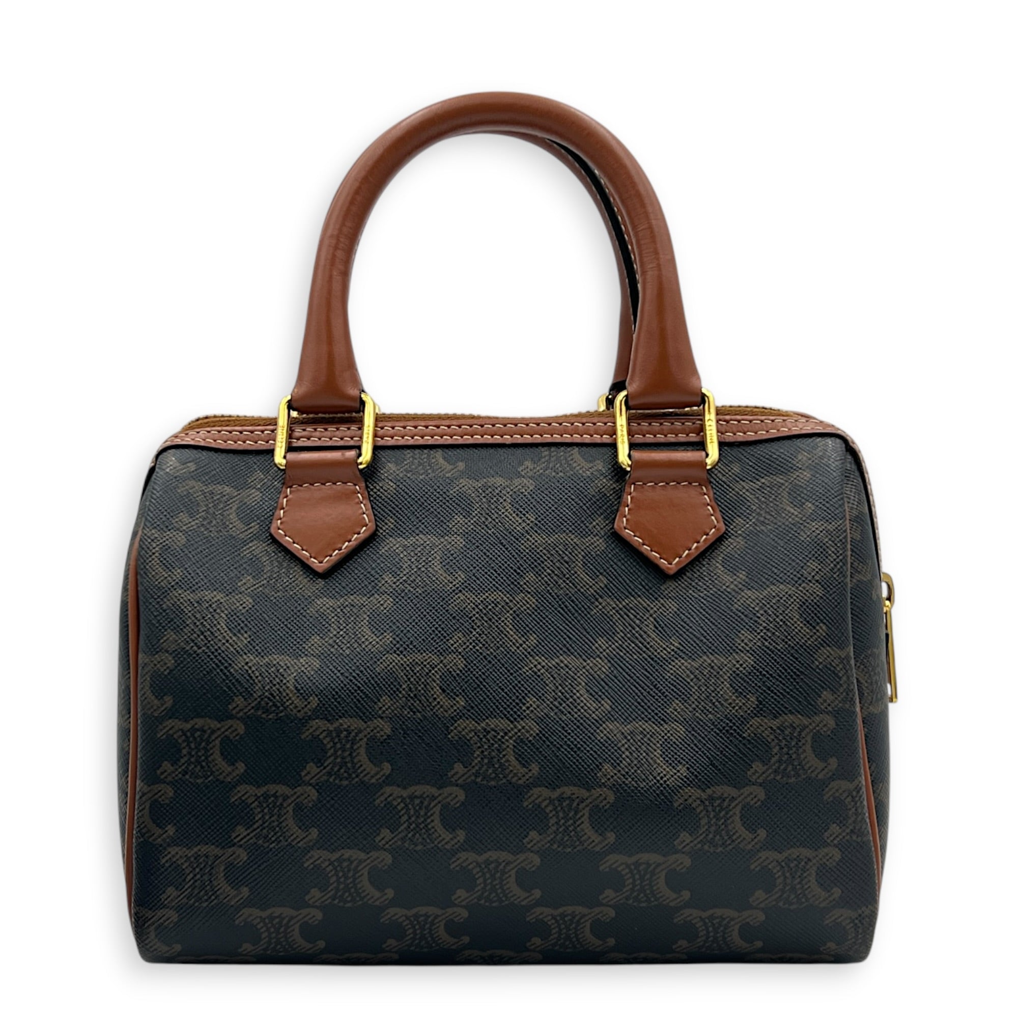 Boston Top Handle Bag Mini Dark Brown / Tan in Coated Canvas, Gold hardware