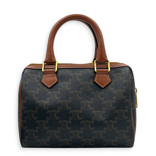 Boston Top Handle Bag Mini Dark Brown / Tan in Coated Canvas, Gold hardware