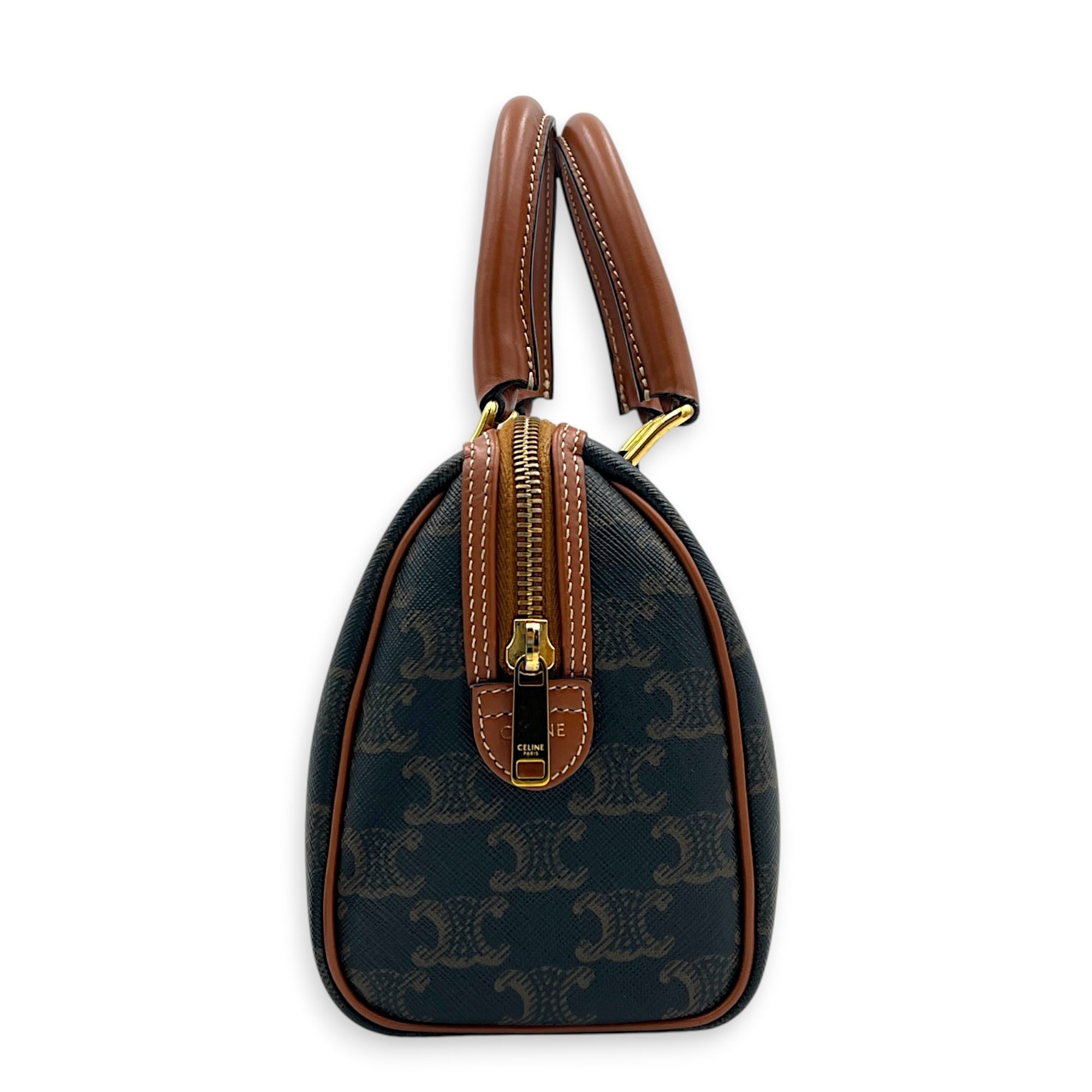 Boston Top Handle Bag Mini Dark Brown / Tan in Coated Canvas, Gold hardware