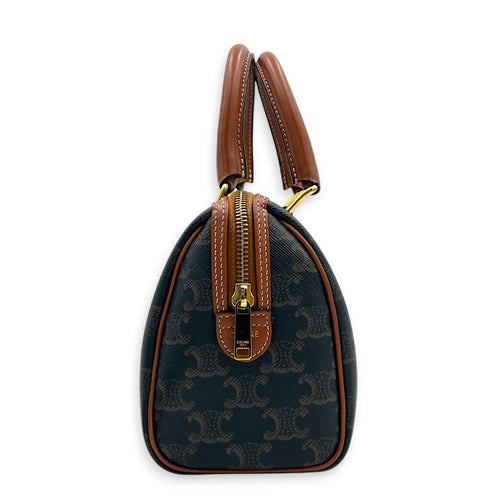 Boston Top Handle Bag Mini Dark Brown / Tan in Coated Canvas, Gold hardware