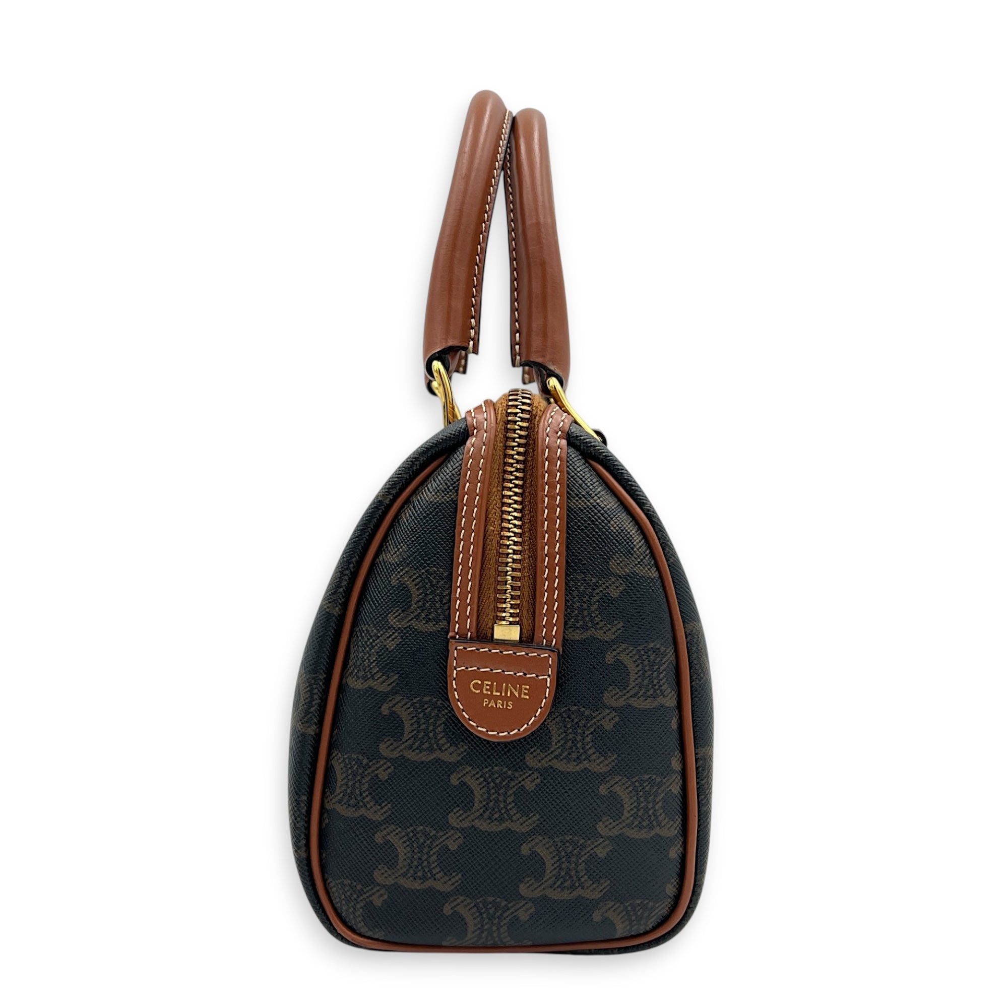 Boston Top Handle Bag Mini Dark Brown / Tan in Coated Canvas, Gold hardware
