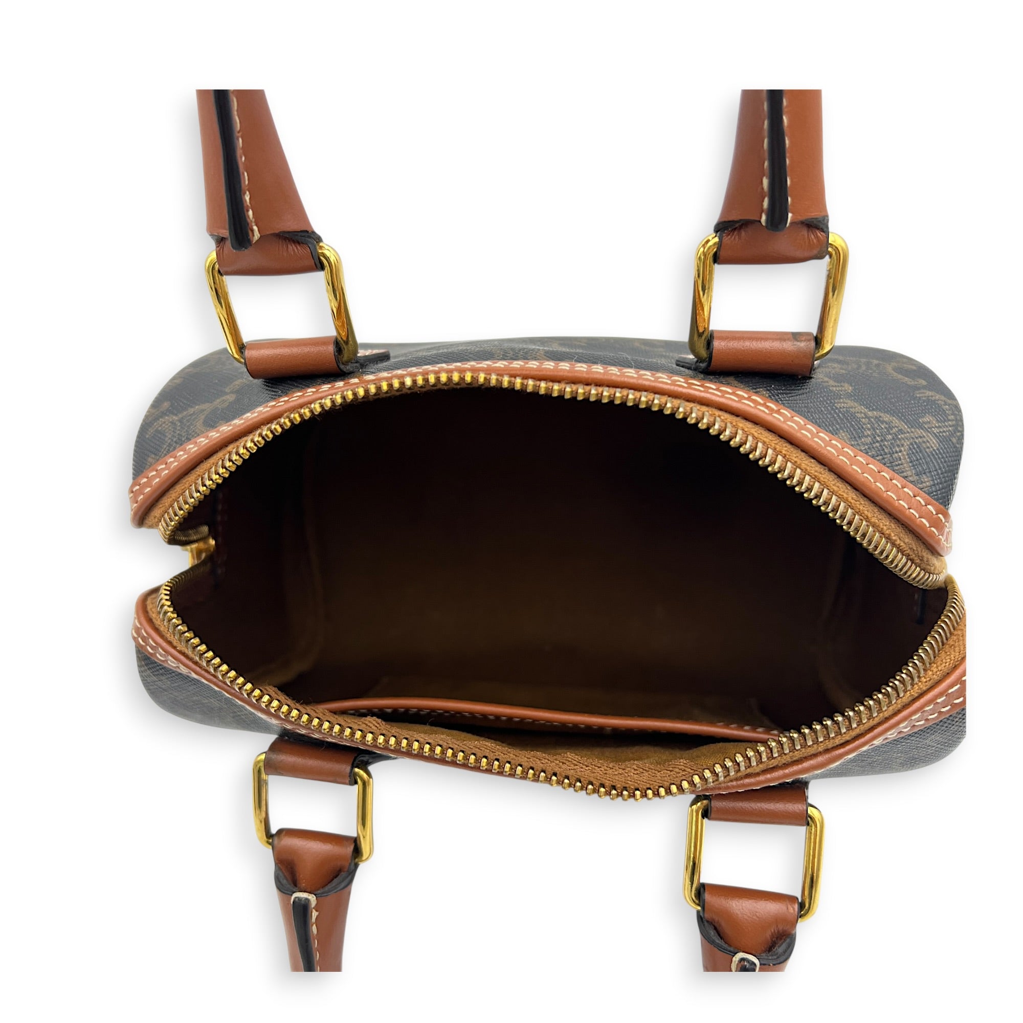 Boston Top Handle Bag Mini Dark Brown / Tan in Coated Canvas, Gold hardware