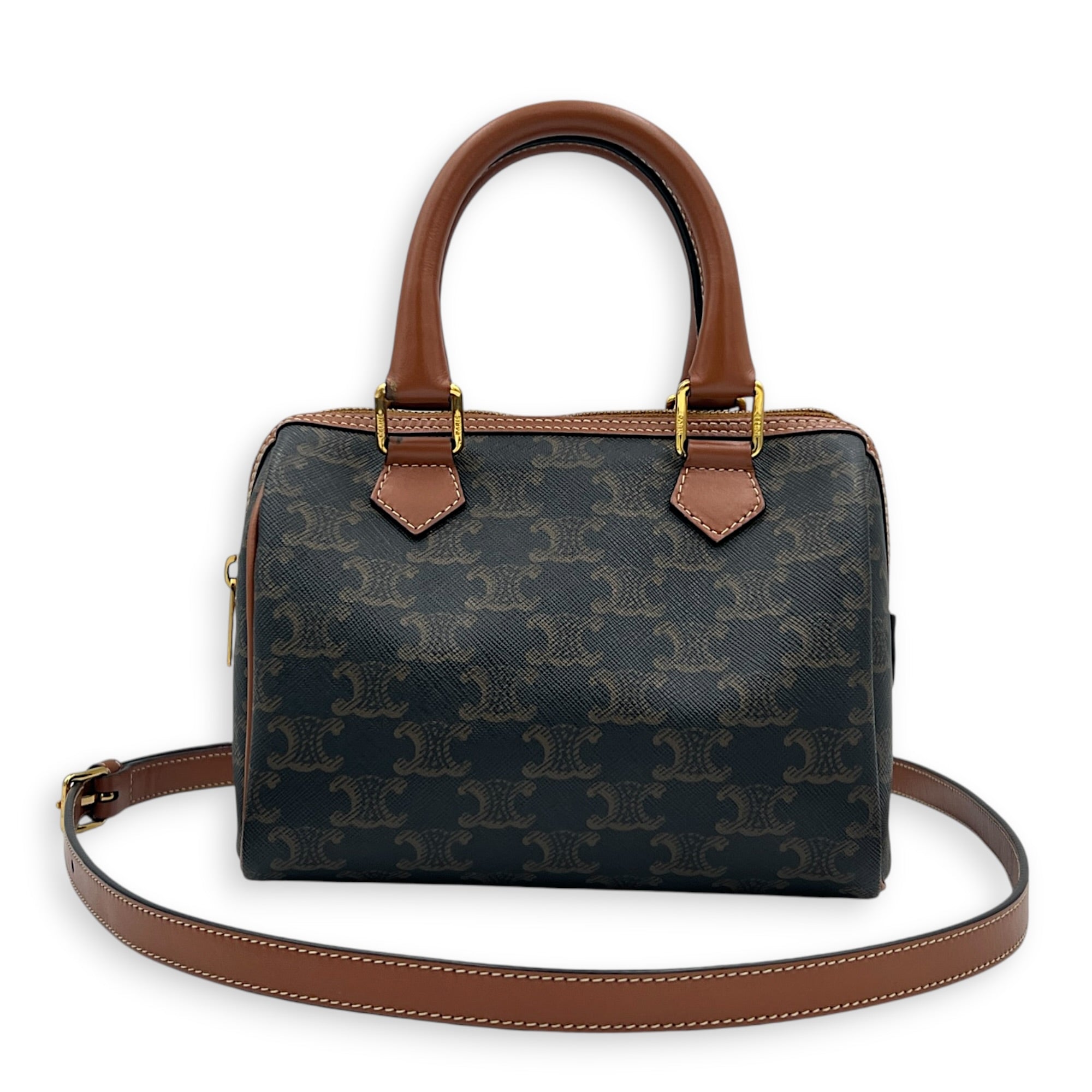 Boston Top Handle Bag Mini Dark Brown / Tan in Coated Canvas, Gold hardware