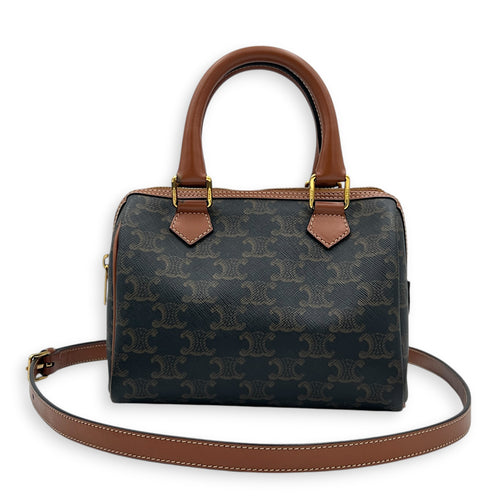 Boston Top Handle Bag Mini Dark Brown / Tan in Coated Canvas, Gold hardware