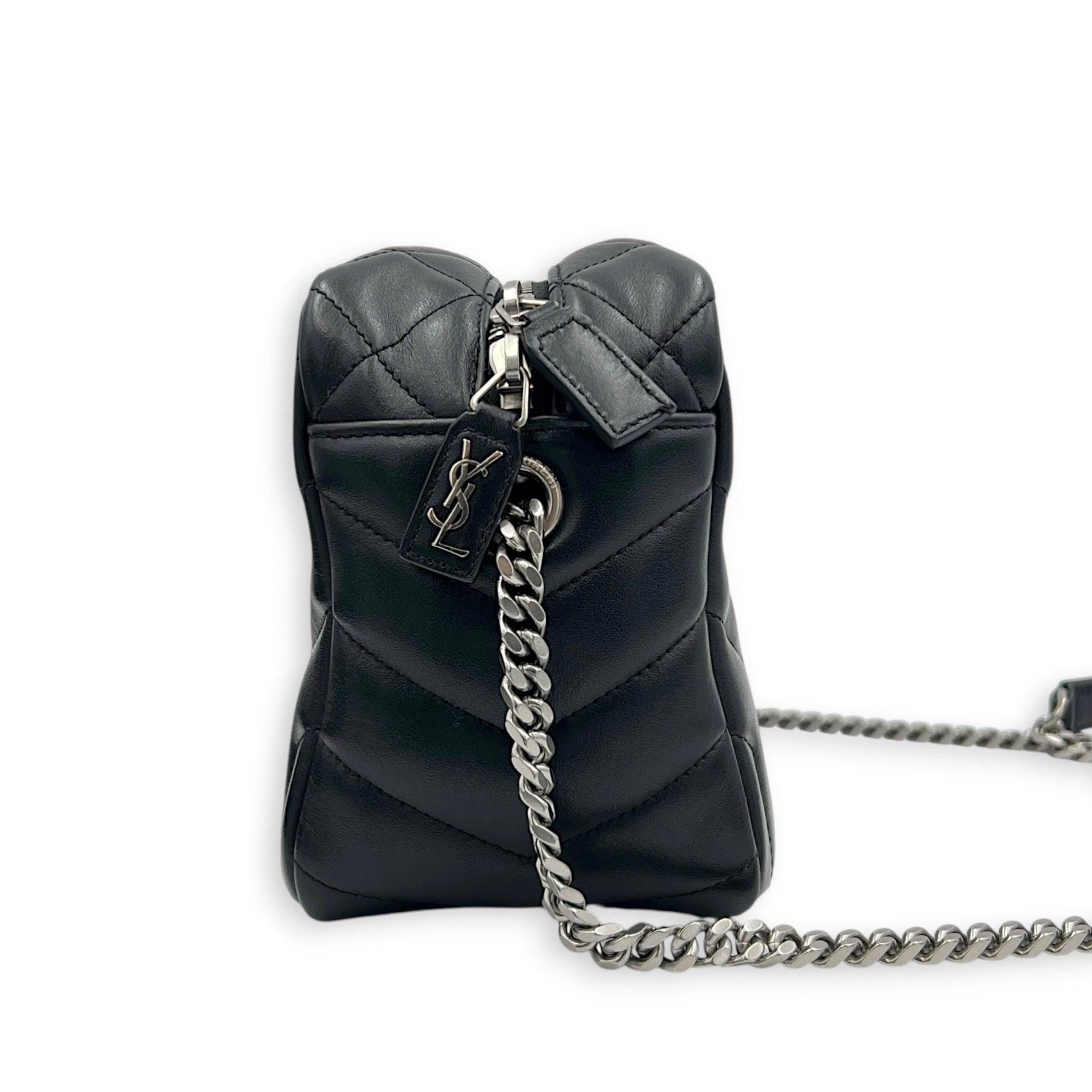 LouLou Camera Bag Small Noir in Lambskin, Silver hardware