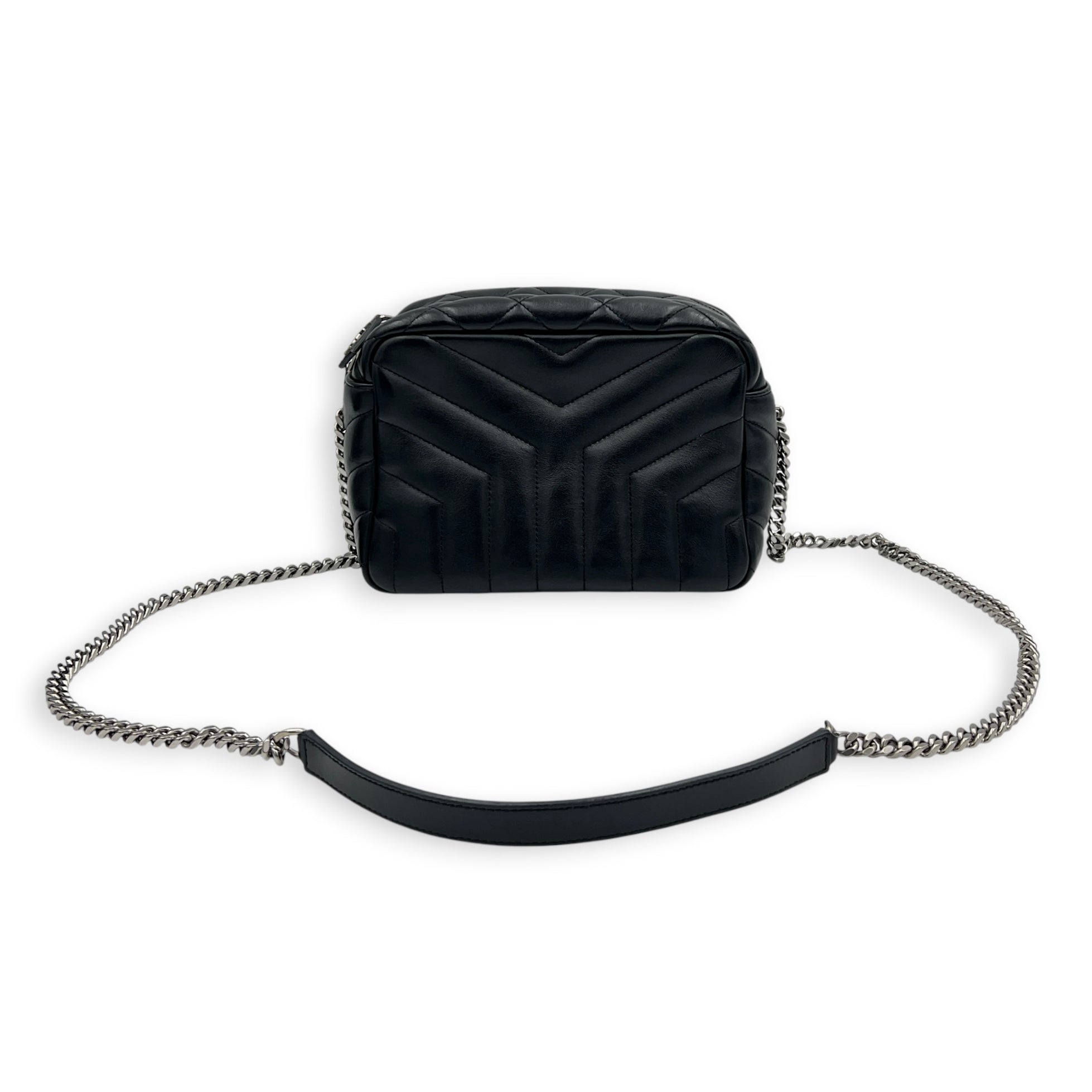 LouLou Camera Bag Small Noir in Lambskin, Silver hardware