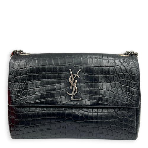 West Hollywood  Shoulder Bag Black in Crocodile Embossed Calfskin, Silver hardware