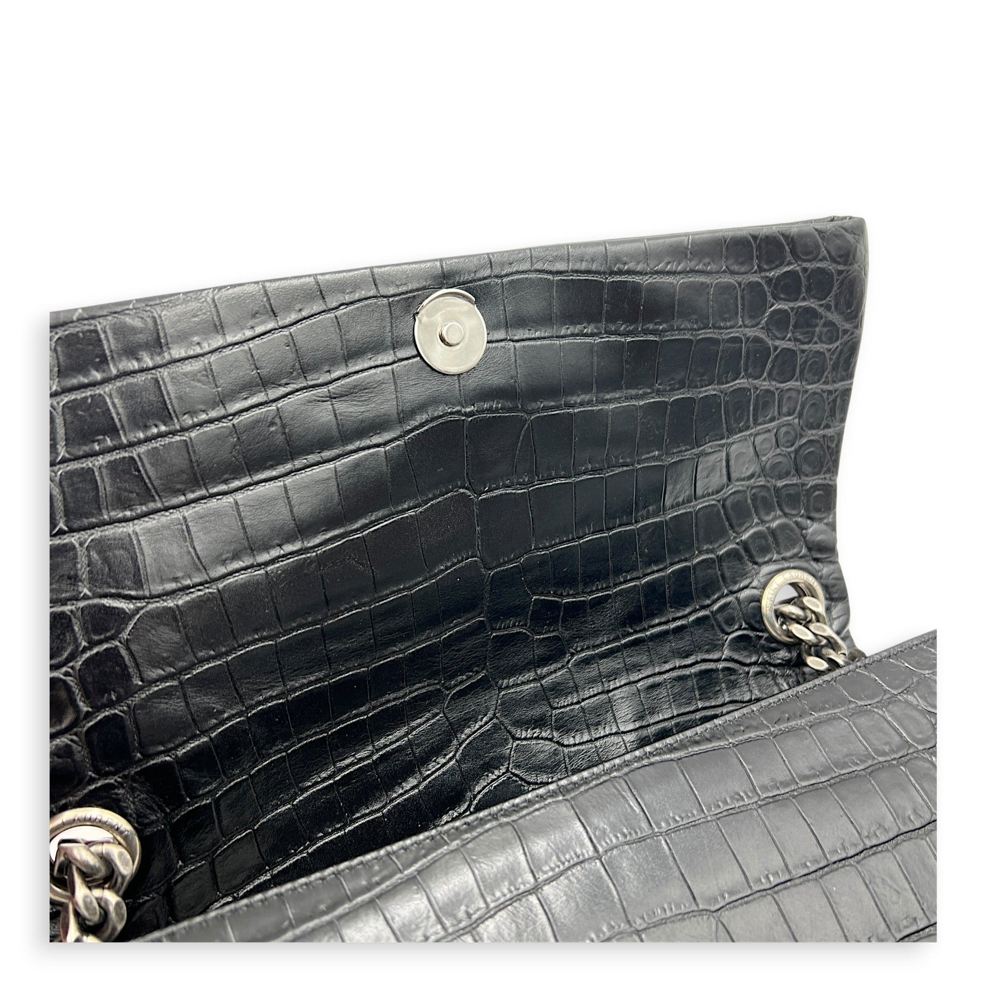 West Hollywood  Shoulder Bag Black in Crocodile Embossed Calfskin, Silver hardware