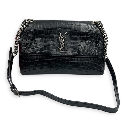 West Hollywood  Shoulder Bag Black in Crocodile Embossed Calfskin, Silver hardware