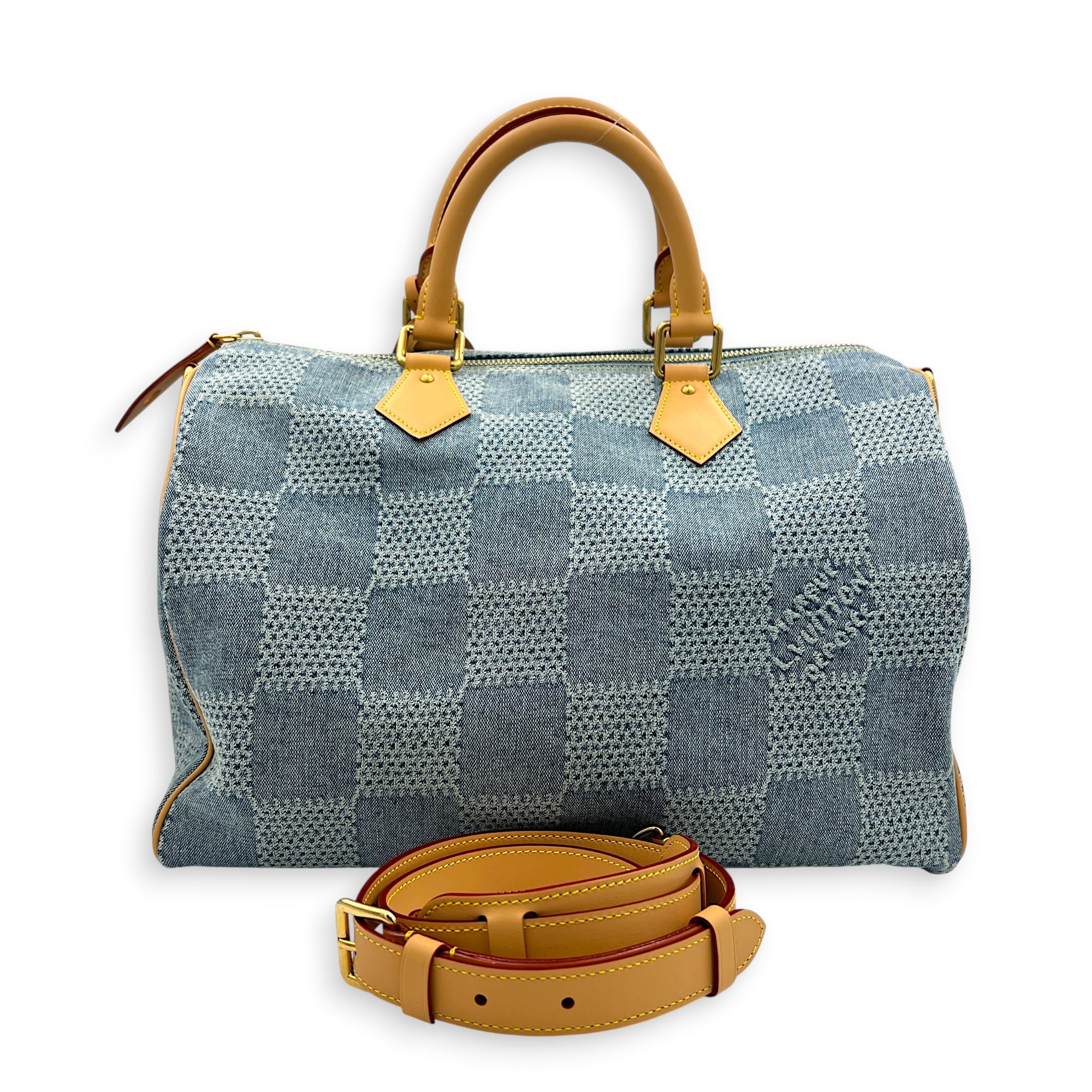 Speedy Top Handle Bag 40 Damier Giant Denim in Denim, Gold hardware