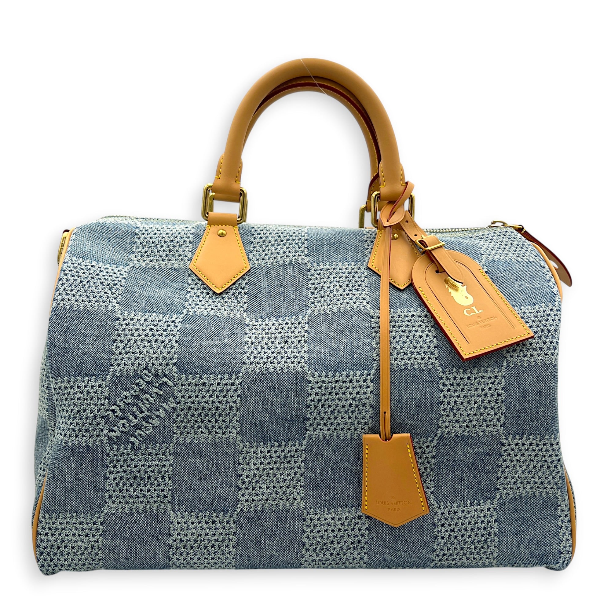 Speedy Top Handle Bag 40 Damier Giant Denim in Denim, Gold hardware