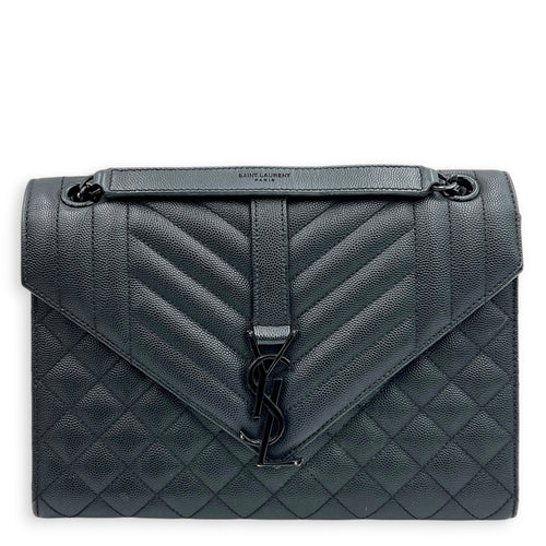 Envelope Black Shoulder Bag in Caviar Leather, Gunmetal hardware