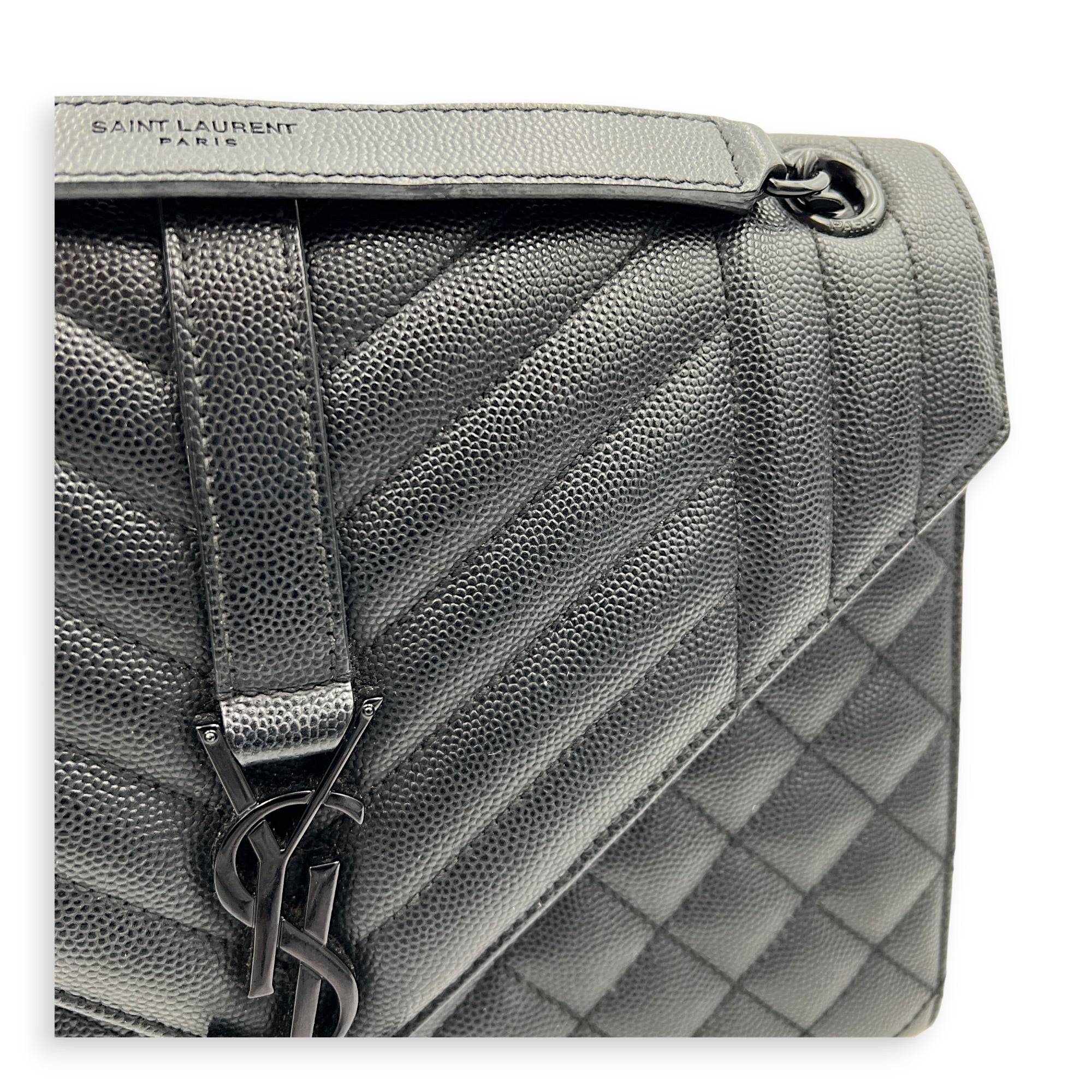 Envelope Black Shoulder Bag in Caviar Leather, Gunmetal hardware