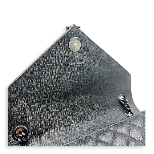Envelope Black Shoulder Bag in Caviar Leather, Gunmetal hardware