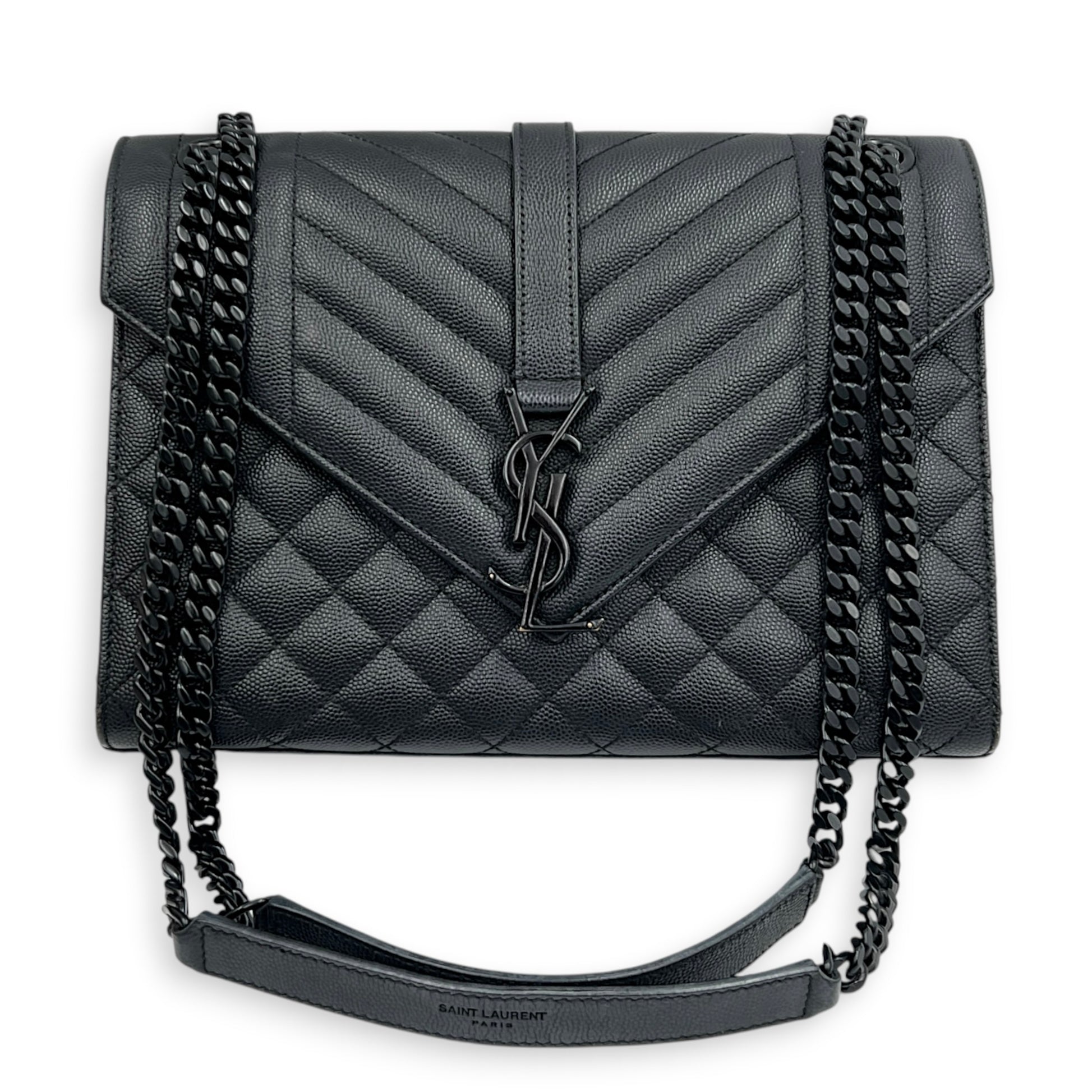 Envelope Black Shoulder Bag in Caviar Leather, Gunmetal hardware