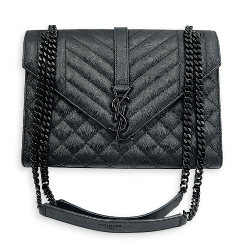 Envelope Black Shoulder Bag in Caviar Leather, Gunmetal hardware