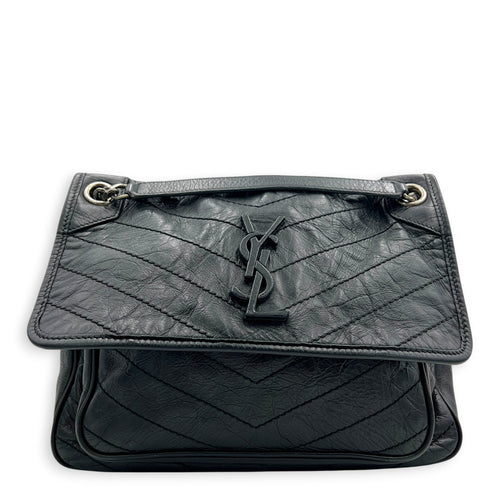 Niki Shoulder Bag Medium Black in Distressed Leather, Gunmetal hardware