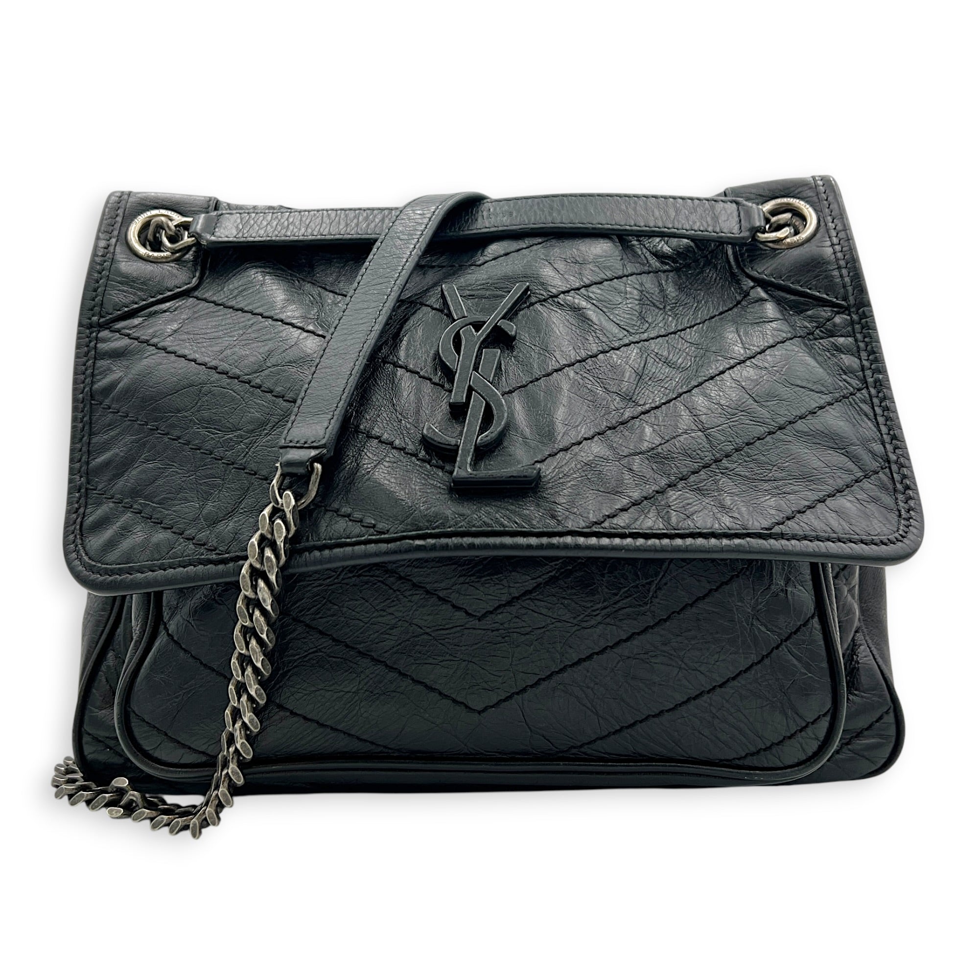 Niki Shoulder Bag Medium Black in Distressed Leather, Gunmetal hardware