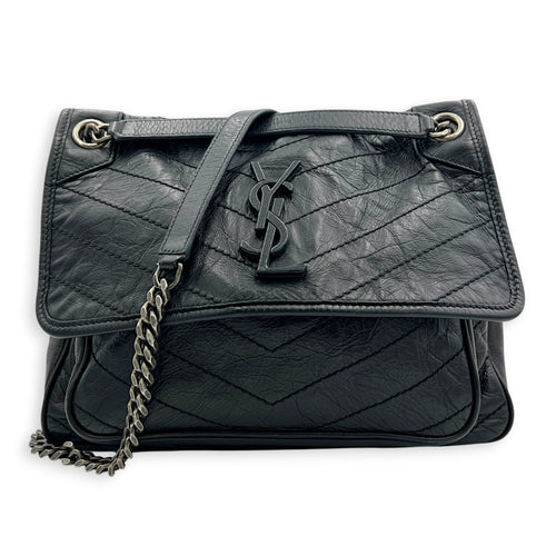 Niki Shoulder Bag Medium Black in Distressed Leather, Gunmetal hardware