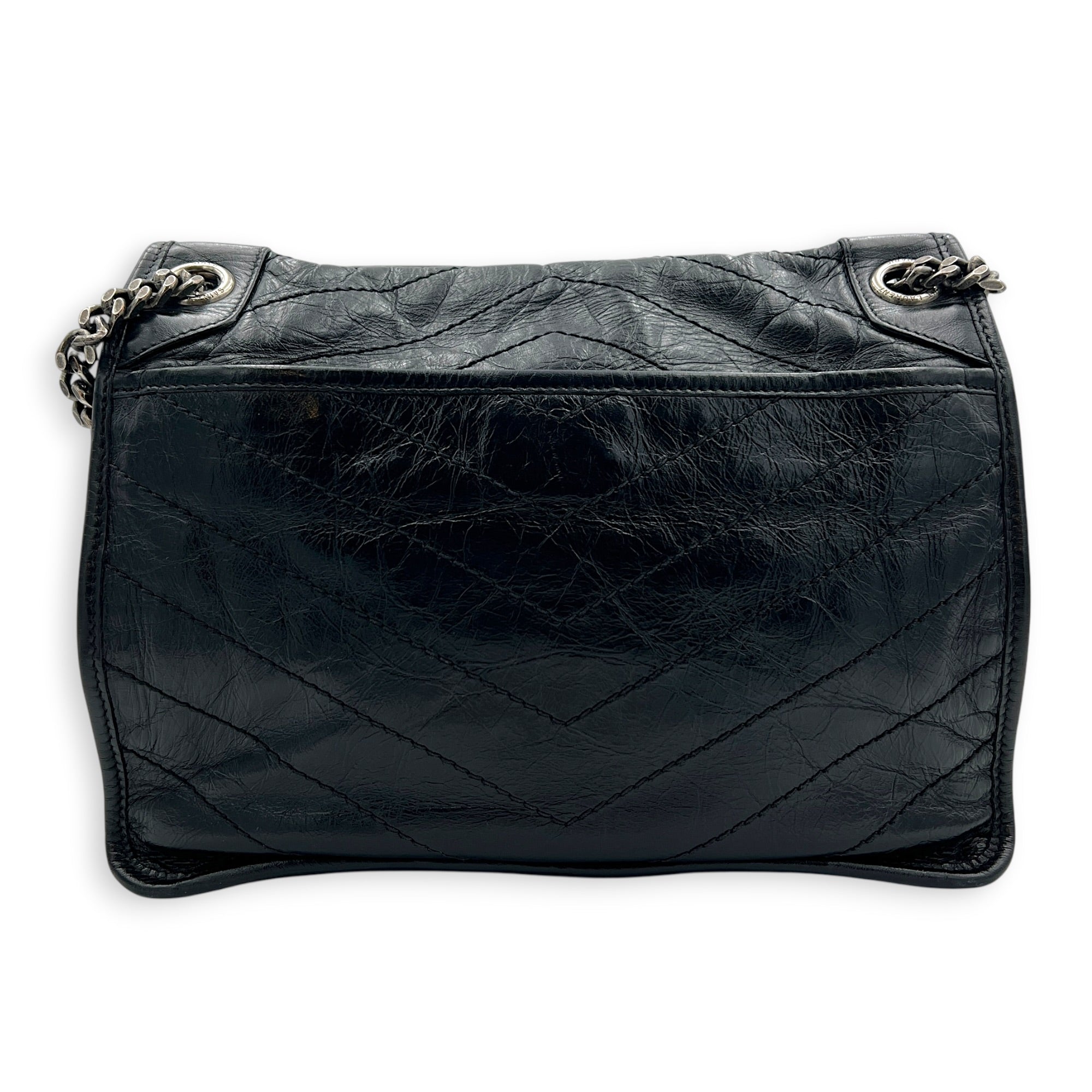 Niki Shoulder Bag Medium Black in Distressed Leather, Gunmetal hardware