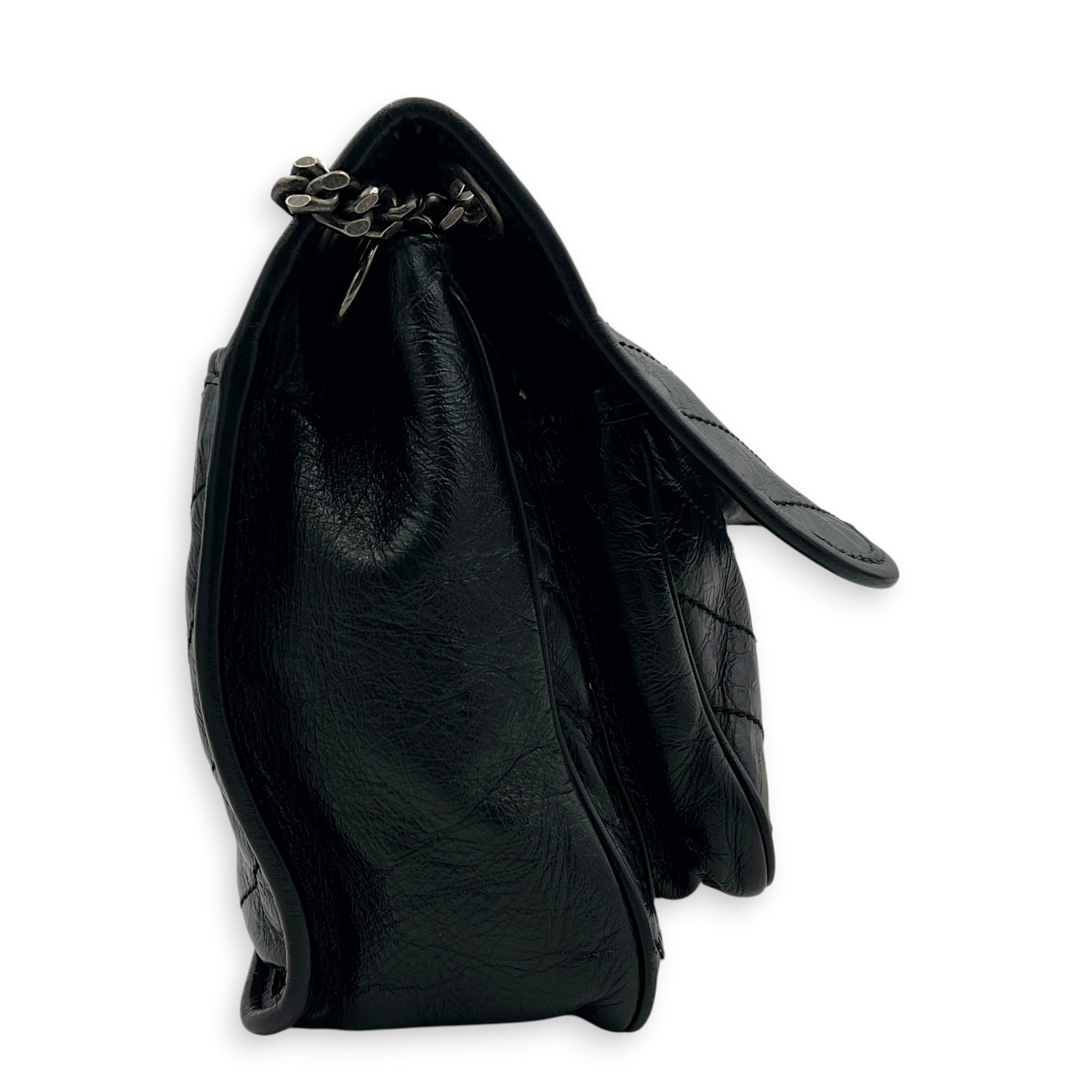 Niki Shoulder Bag Medium Black in Distressed Leather, Gunmetal hardware