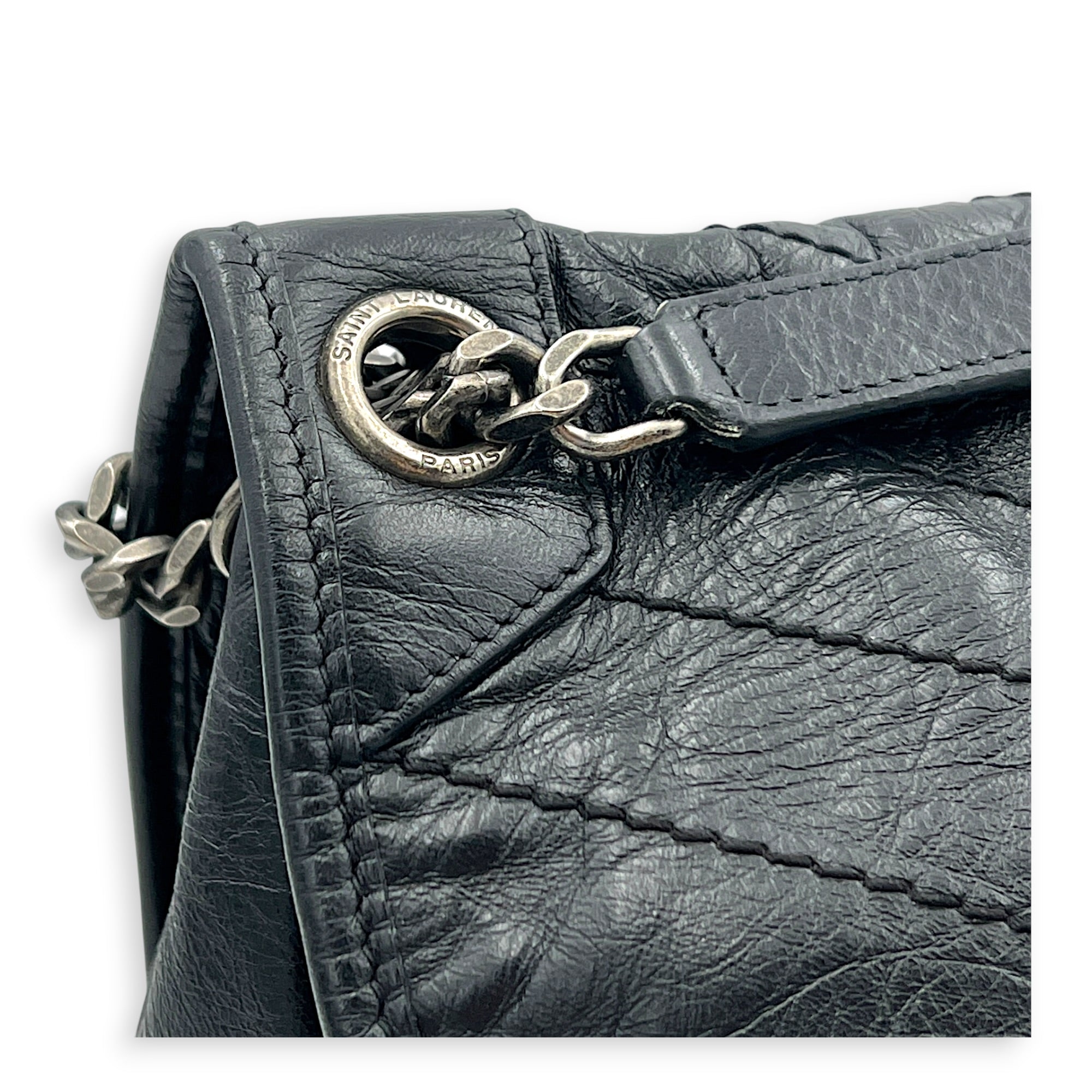 Niki Shoulder Bag Medium Black in Distressed Leather, Gunmetal hardware