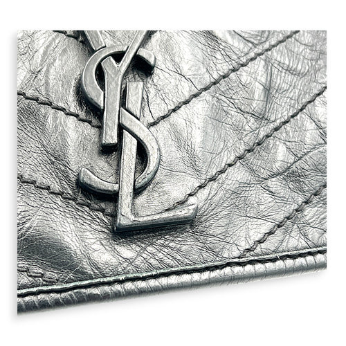 Niki Shoulder Bag Medium Black in Distressed Leather, Gunmetal hardware