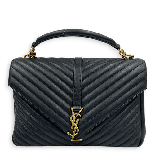 College Large Noir Shoulder Bag in Sheepskin, Gold hardware