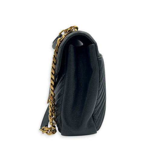 College Large Noir Shoulder Bag in Sheepskin, Gold hardware