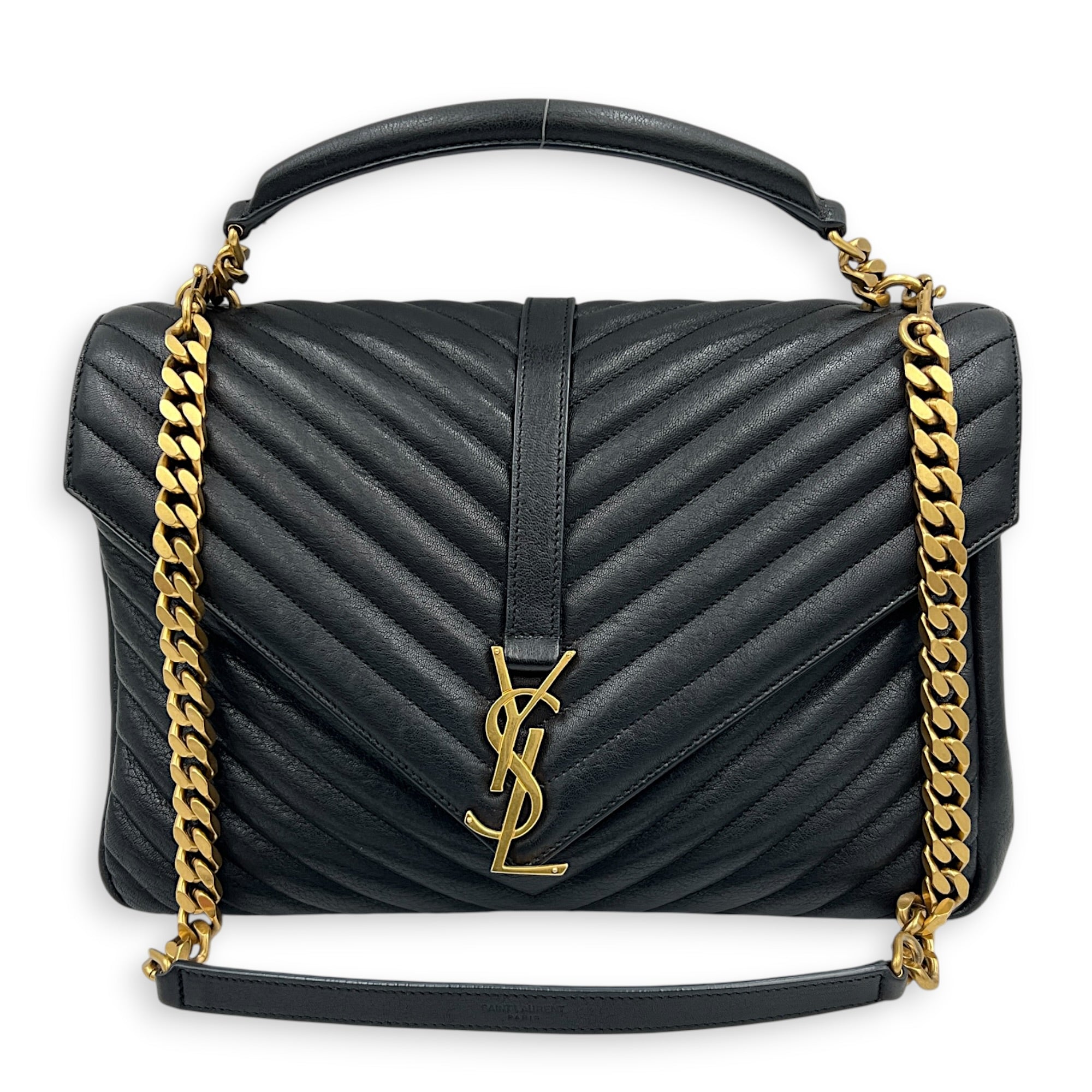 College Large Noir Shoulder Bag in Sheepskin, Gold hardware