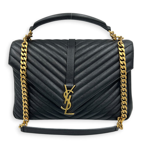 College Large Noir Shoulder Bag in Sheepskin, Gold hardware