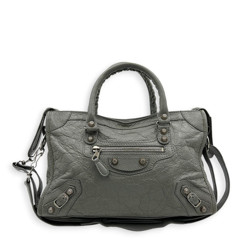 City Small Grey Shoulder Bag in Distressed Leather, Silver hardware