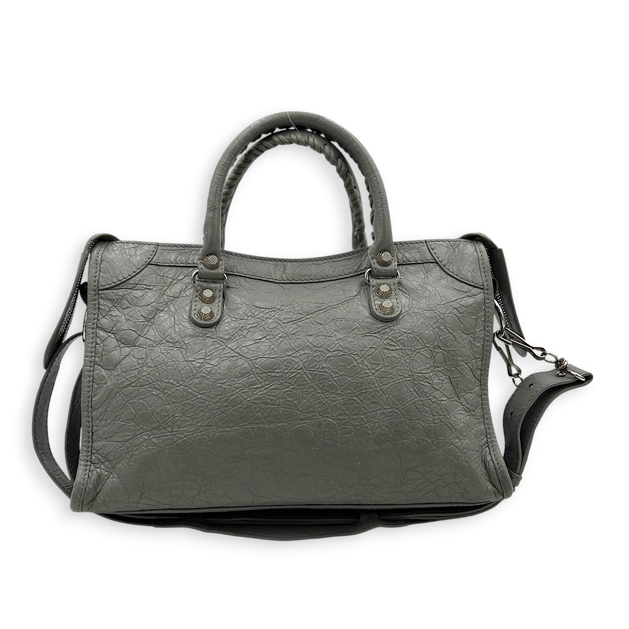 City Small Grey Shoulder Bag in Distressed Leather, Silver hardware