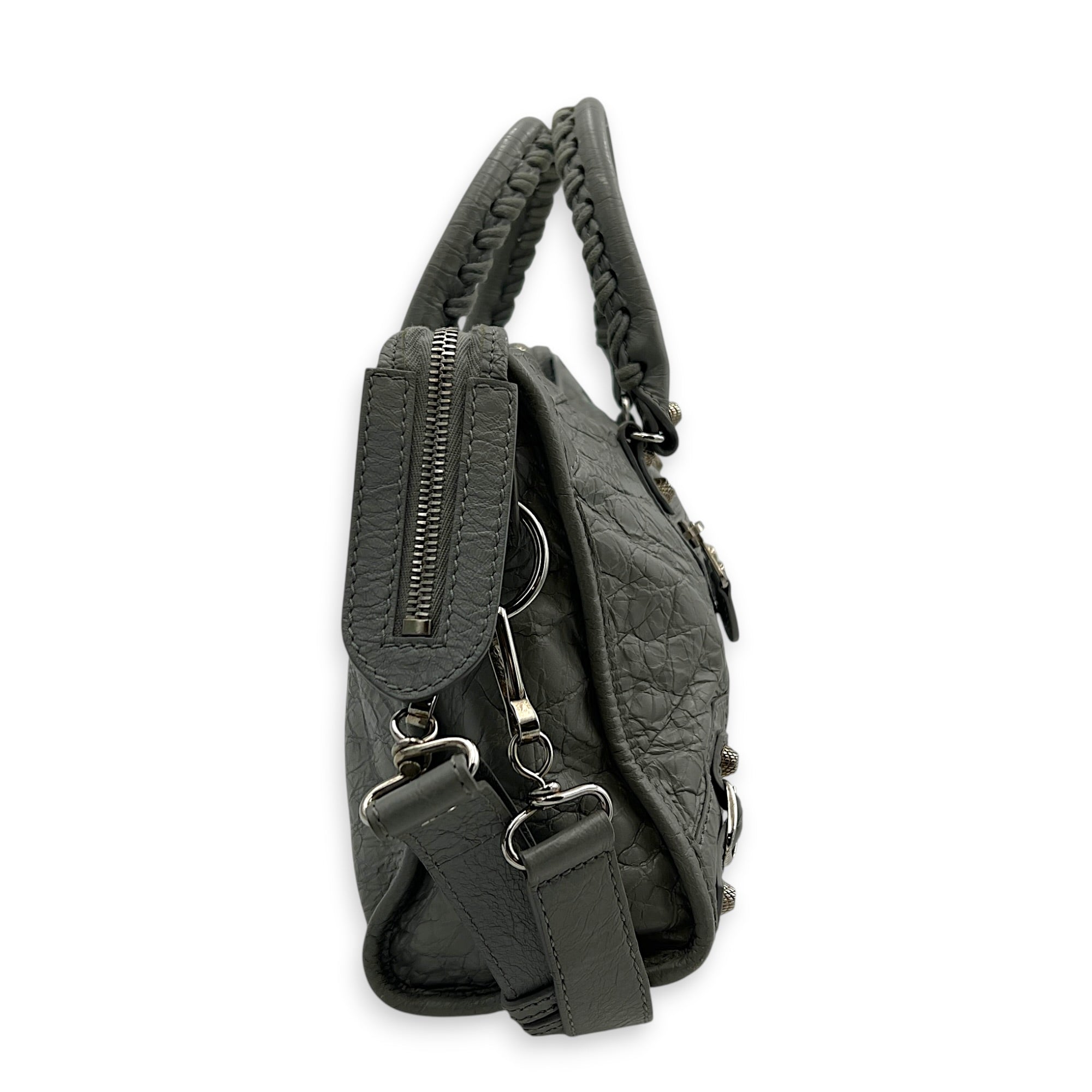City Small Grey Shoulder Bag in Distressed Leather, Silver hardware